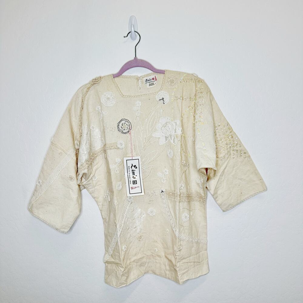 Lim's Vintage Cotton Handmade Crochet Beaded Sequin Cream Top Size Large
